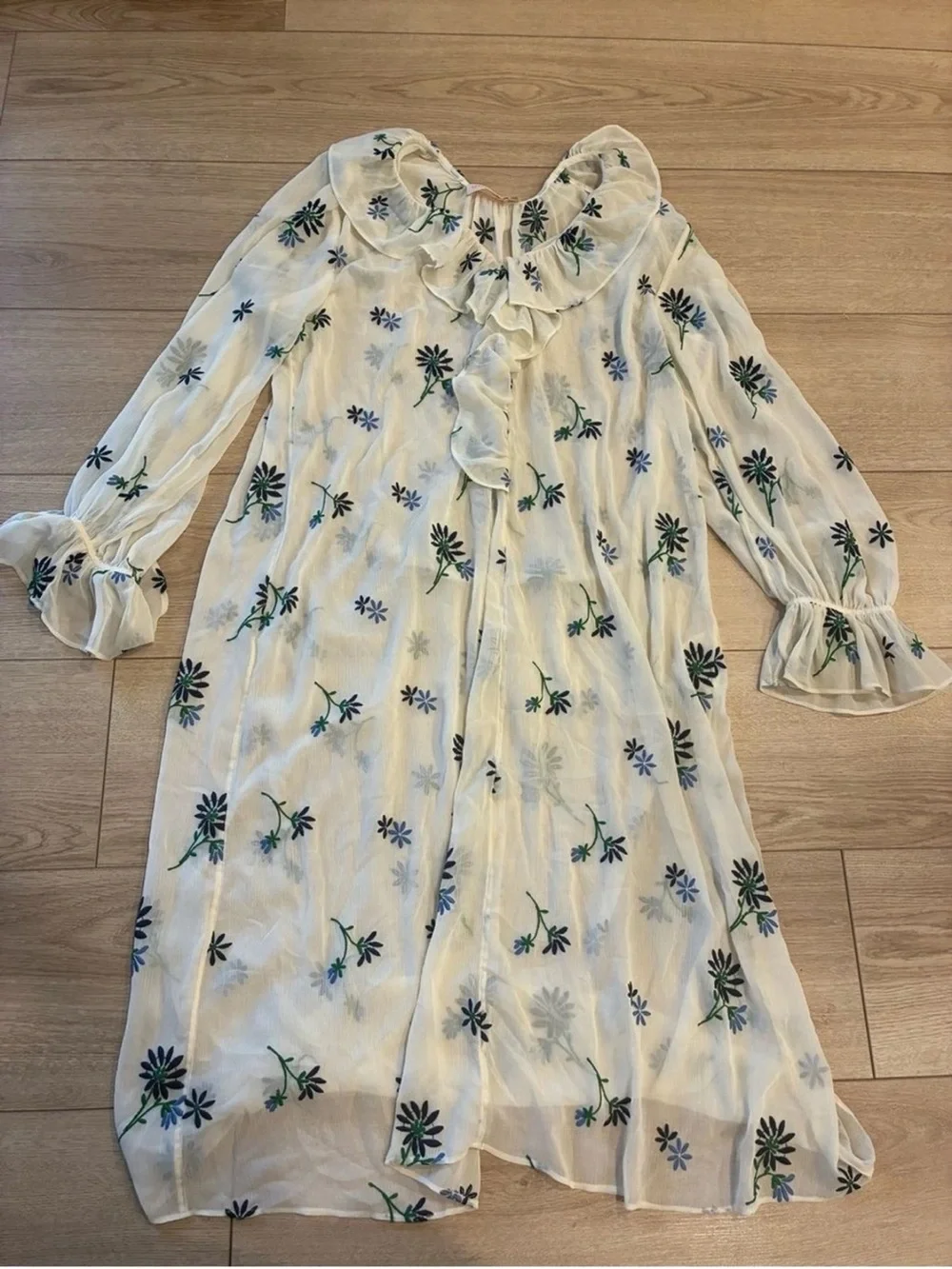Tory Burch Cream Midi Dress with Blue Floral Embroidery